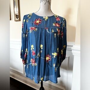 Multi-Color Floral, Embroidered 3/4 Sleeves Flowy Boho/Peasant Blue Blouse.